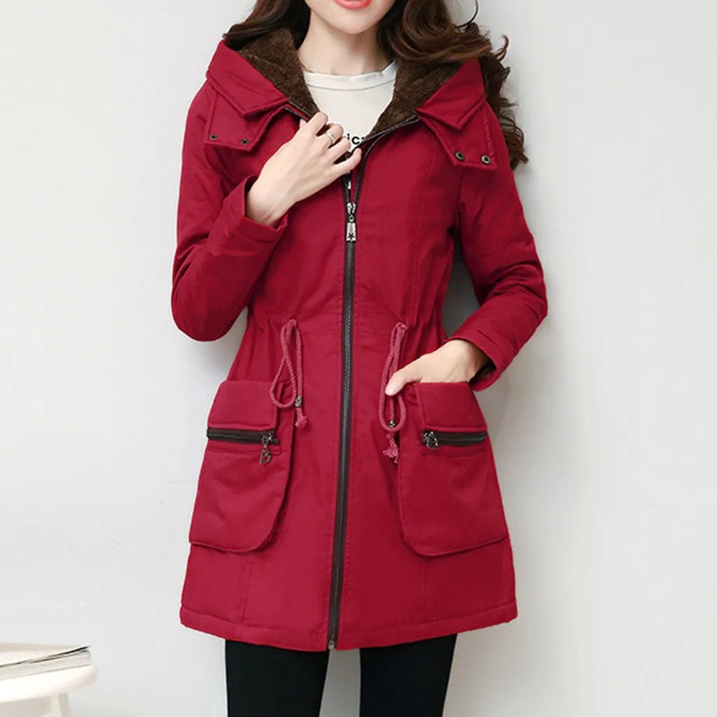 Женская длинная куртка с регулируемым поясом SAGACE свободная на молнии капюшоном и