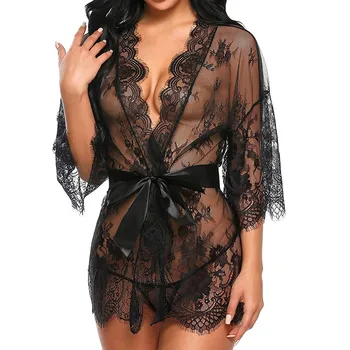 

JAYCOSIN Women Sleepwear Sexy Women Lingerie Lace Night Dress Brief Sleepwear Nightgown Bandage Deep V G-String See Through Sexy