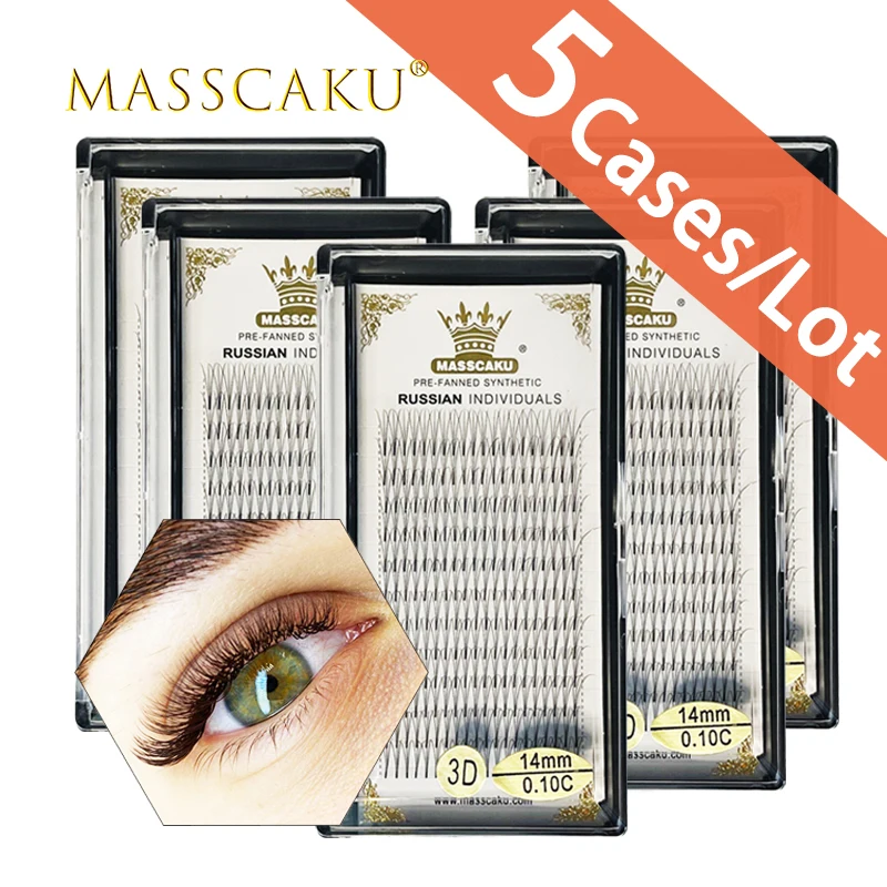 

5cases/lot MASSCAKU sell 12 rows mink makeup eyelashes 3D 4D 5D deep black mink premade fans russian volume eyelash extensions