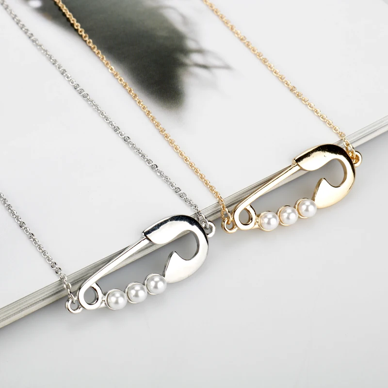 

Fashion Cute Safety Pin Silver Chain Charm Dainty Pearl Paper Clip Pendant Necklace For Women Girl Jewelry