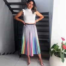 Женская плиссированная летняя юбка, осенняя Радужная разноцветная подходящая Женская юбка, атласная градиентная плиссированная большая маятниковая длинная юбка