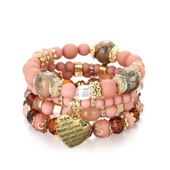 

Boho Ethnic Multilayer Natural Stone Beaded Bracelets Fashion Metal Heart Pendant Charms Elastic Wrap Bracelet Bangles Jewelry