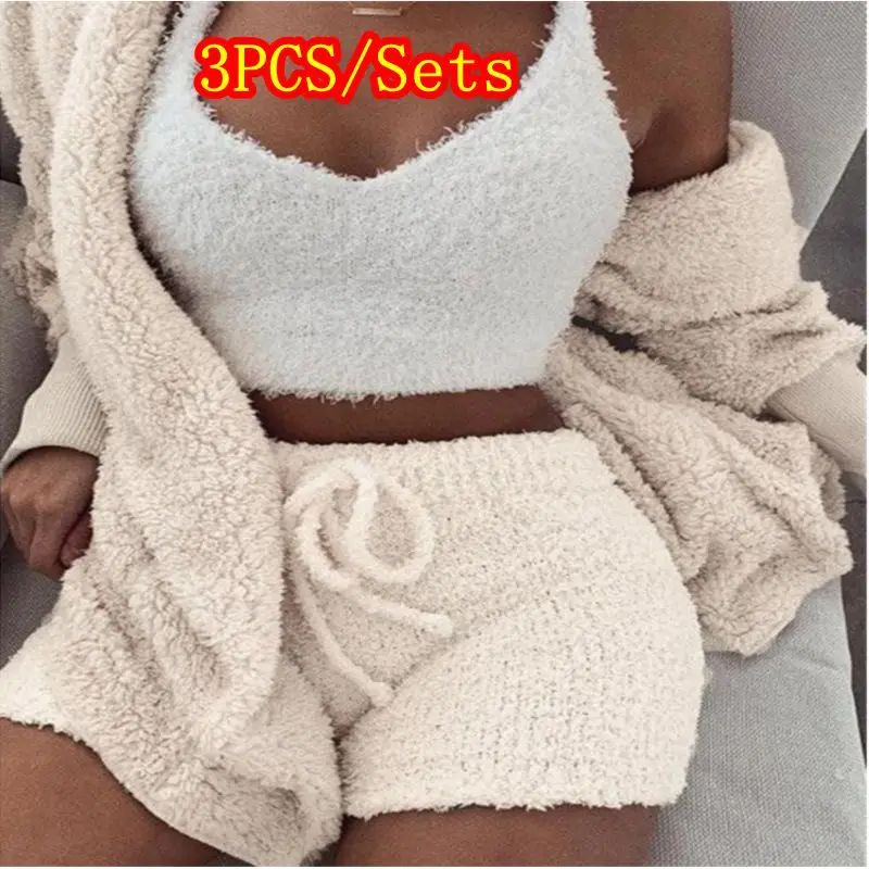 

Hot Selling Women 3 Piece Set Short Jumpsuit Autumn Winter Female Solid Tracksuit Women's Soft Warm Playsuit 2020