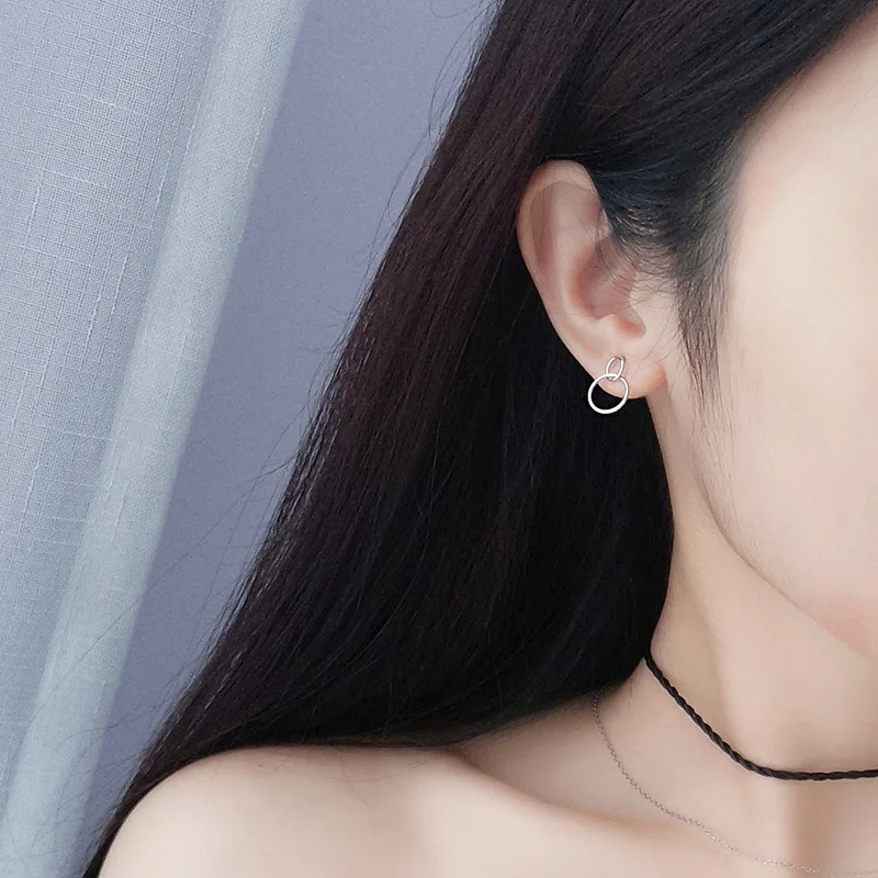 LKO 925 Sterling Silver Fashion Simplicity Generous Geometric Circle-Shape Double Circle Stud Earrings For Women Jewellery Gifts - Image 4