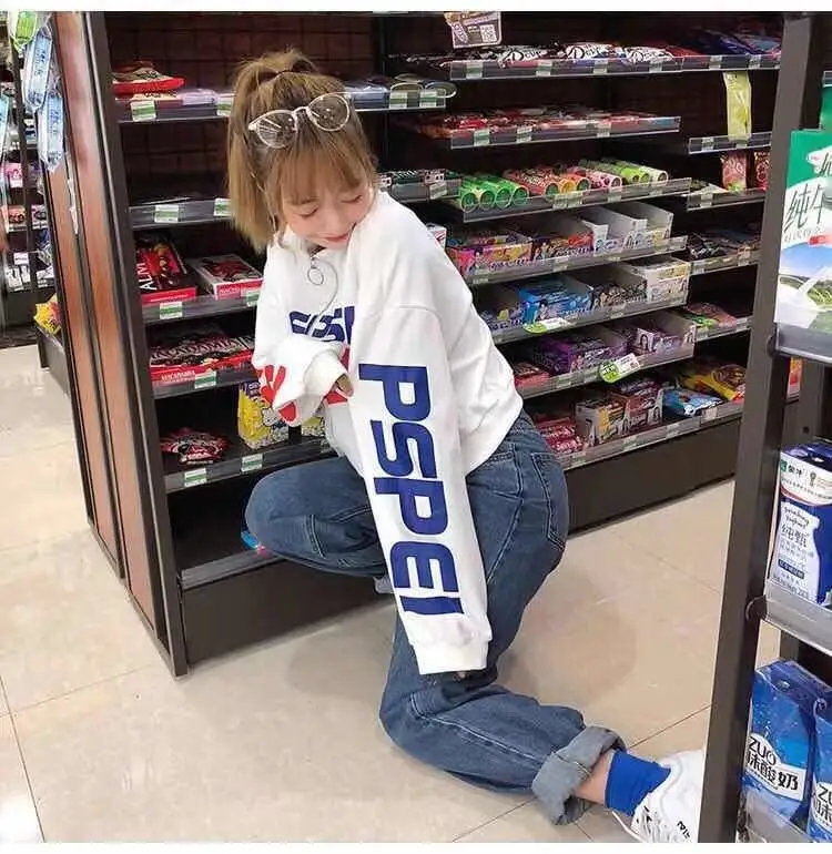 Толстовка на молнии размера плюс женская Kpop одежда осень Ulzzang уличный стиль Pepsi Графический Укороченный свитшот Schoolgill Топы