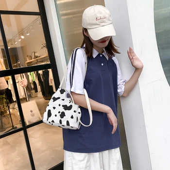 

Casual Cow Milk Print Handbag Women Canvas Bucket Shoulder Bag Shopping Totes Popular Simple Female Daily Bag