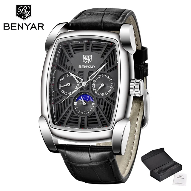 Модные Роскошные Топ бренд benyar мужские часы кварцевые синие мужские наручные часы Moon phase повседневные водонепроницаемые часы Reloj Hombre - Цвет: silver gray