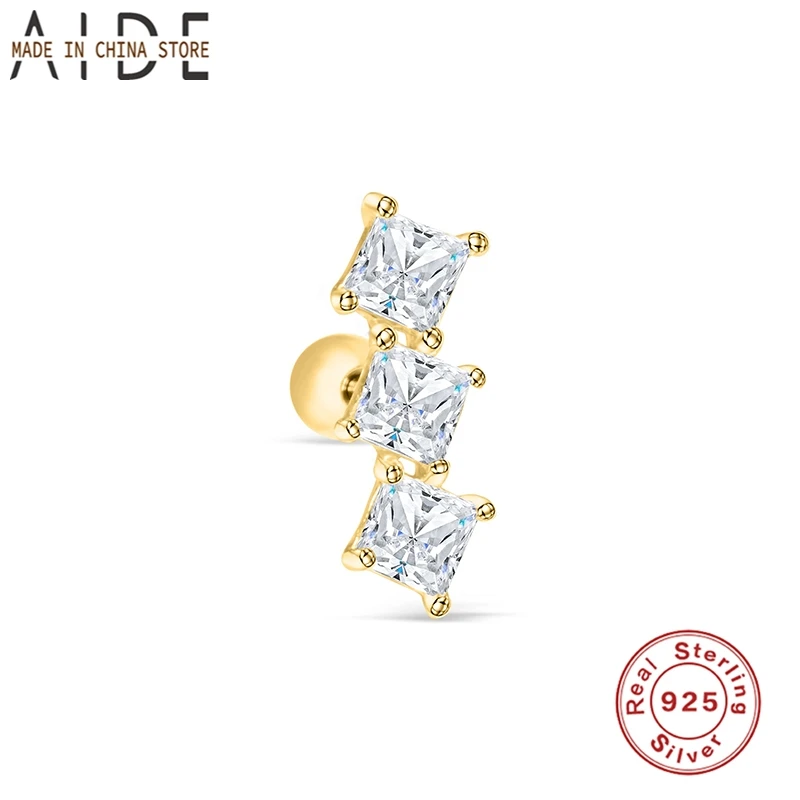 

Aide 925 Sterling Silver Stud Earrings Three Square Zircon Thread Puncture Ear Bone Studs Piercing Earring Women Jewelry Gift