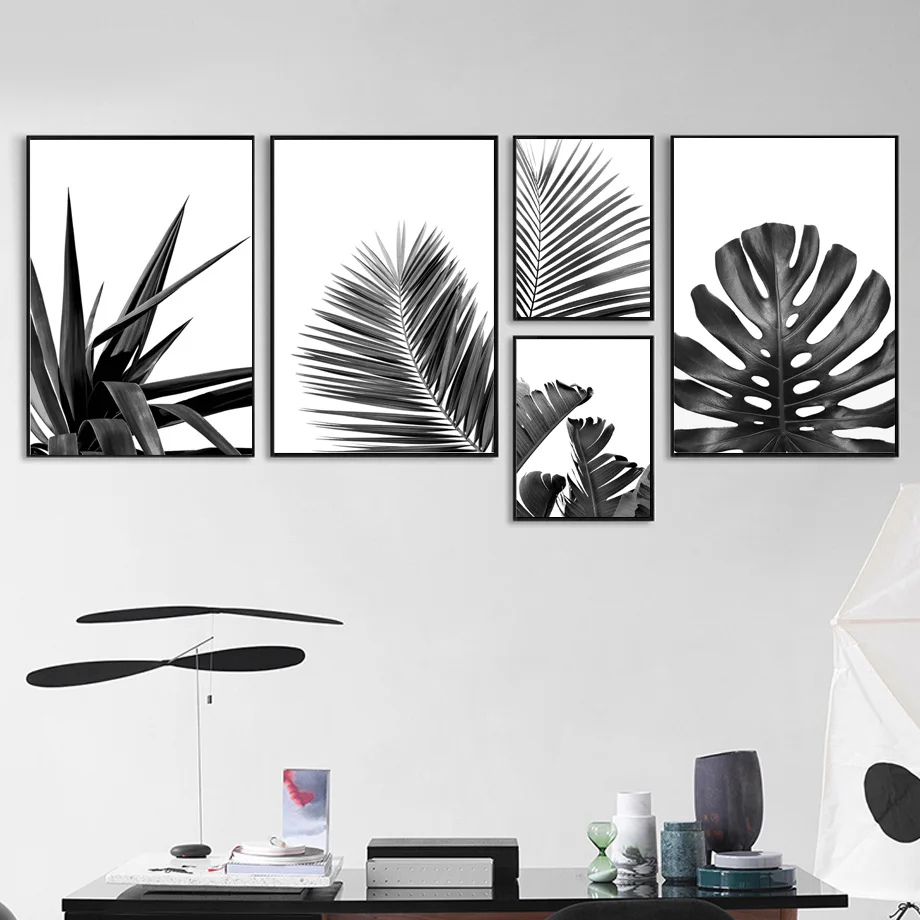 

Black white plantain Palm Monstera leaf Wall Art Canvas Painting Nordic Posters And Prints Plant Wall Pictures For Living Room