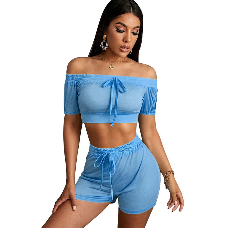 

Sexy Drawstring Elastic Two Piece Set Summer Clothes for Women Tracksuit Crop Top Biker Shorts Sweat Suits Elegant Matching Sets