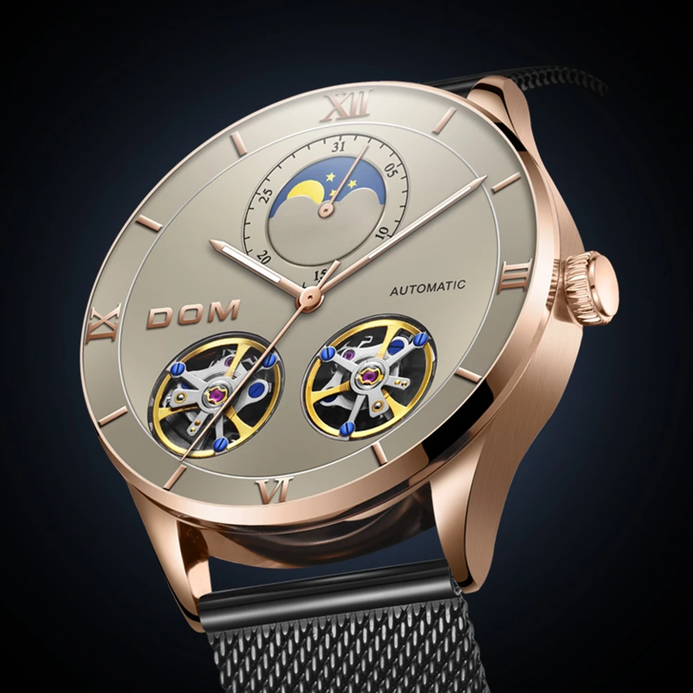 

DOM automatic mechanical watch men watches skeleton tourbillon bronze watch fashion top brand luxury moon phase pilot male clock