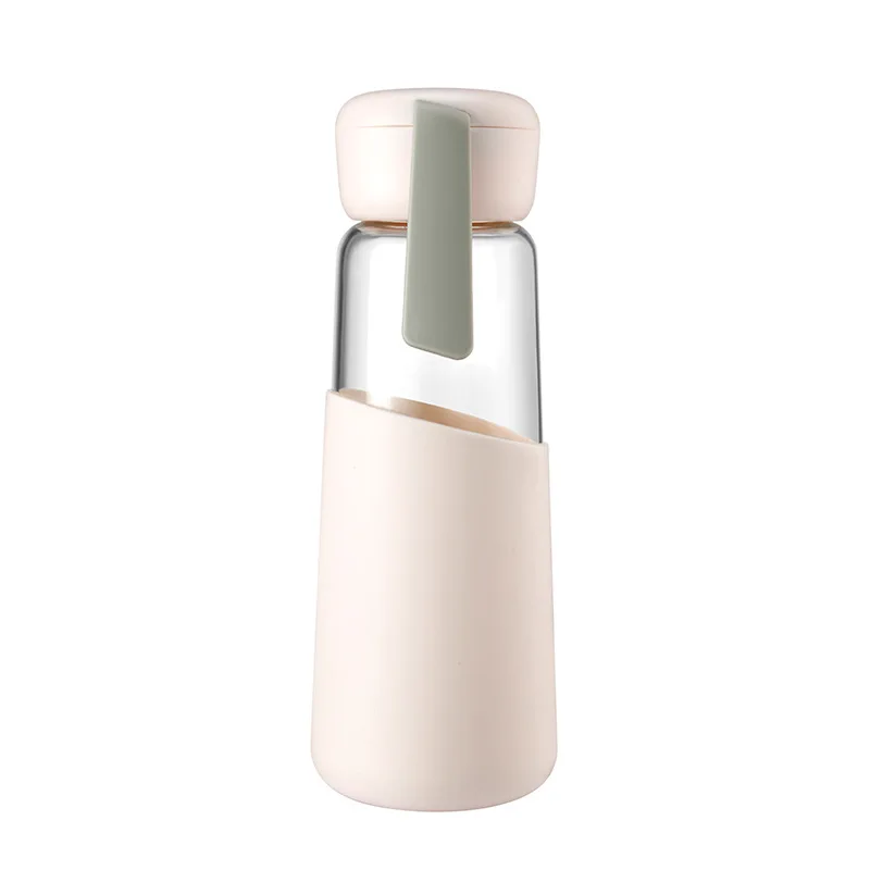Light Pink Стеклянная бутылка для воды ярких цветов, Экологичная, здоровая, герметичная, для питья, портативная, с силиконовым покрытием для студентов, влюбленных, 400 мл - Цвет: Light Pink