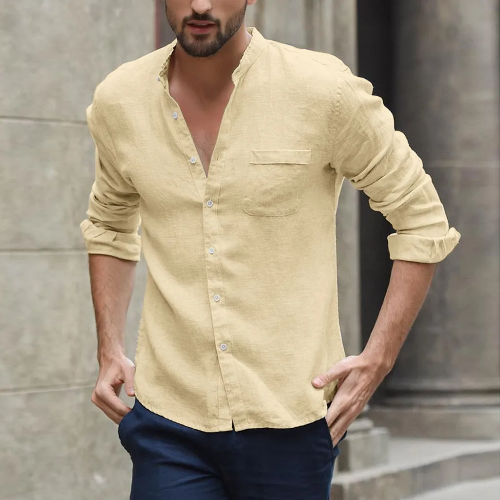 Мужская мешковатая льняная рубашка с длинным рукавом VogueShirts Camisa Fe Мужская рубашка на пуговицах с карманом и стоячим воротником Топы