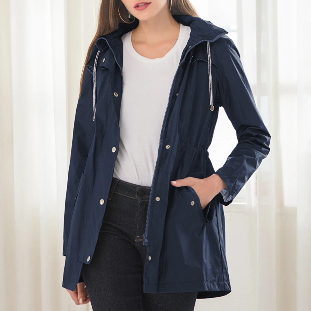 Fashion Women Trench Coat Waterproof Solid Color Autumn Windbreaker Tight Waist Long Sleeve Hooded Trench Coat moda feminina
