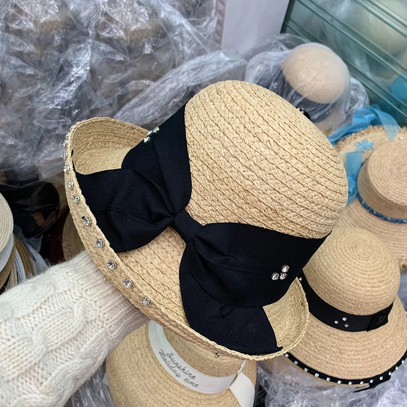 

202003-YY082 new handmade raffia grass bowknot Embellishment with sparkling water diamonds lady cap women sun hat