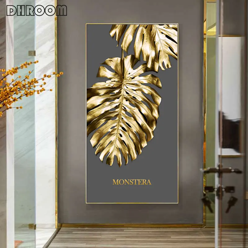 Абстрактная картина с изображением золотых листьев монстеры минималистичный