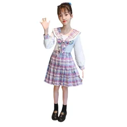 2021 meninas jk uniforme xadrez rosa escola vestido bonito miúdo japonês camisas plissado saia conjunto criança primavera outono escola mostrar roupas