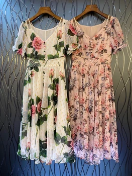 

2020 Spring and Summer New Women's V-neck Lace Stitching Printed Decorative Short-Sleeve Dress 713