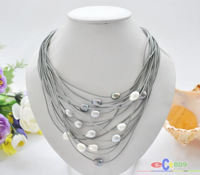 E P5214 15 ряд 2" 13 мм рисовый жемчуг кожаное ожерелье - Цвет камня: E