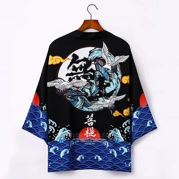 

Japanese Kimono Jacket Kanji Buddha Crane Printing Harajuku Hip Hop Men Japan Streetwear Jacket Autumn Thin Loose Kimono Male