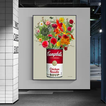 

Retro Wall Art Andy Warhol Soup Painting with Flowers Canvas Painting Posters and Prints Wall Picture for Living Room Decoration