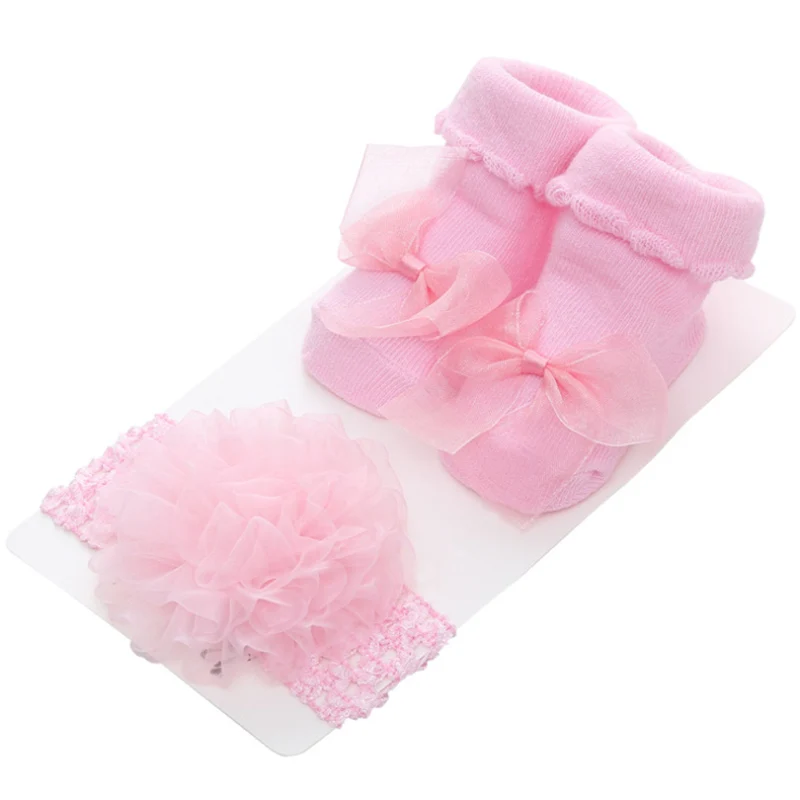 Носки для маленьких девочек Новорожденные Носки для новорожденных, платье для маленьких принцесс с бантом и цветочным рисунком для девочек милое детское платье из шифона сетчатые носки с головной повязкой, 2 шт./компл