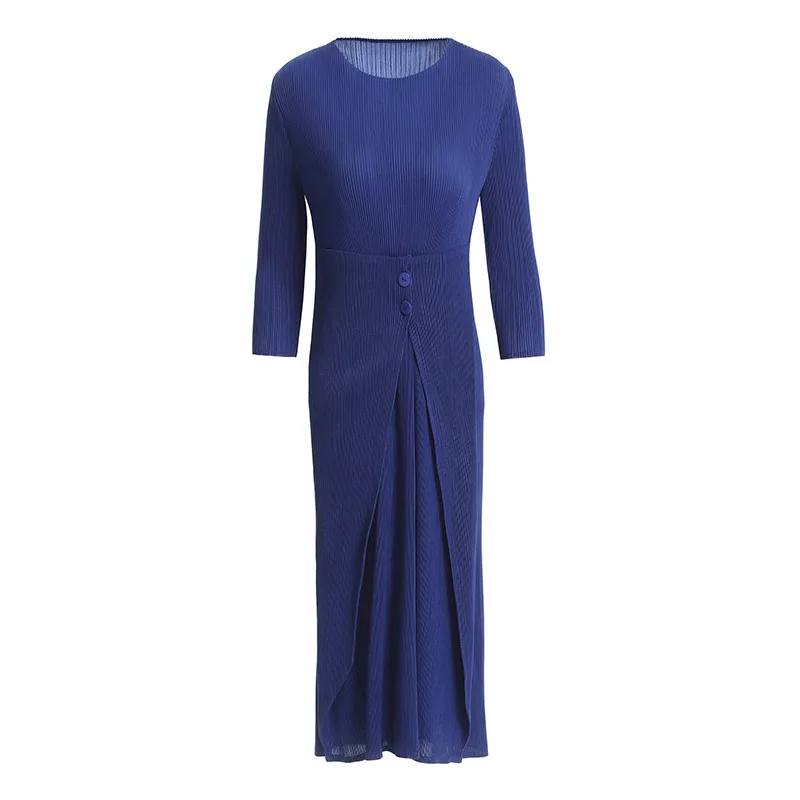 Royal Blue Miyake плиссированные платья, пожалуйста, новое осеннее японское Стильное однотонное платье с круглым вырезом высокого качества, дизайн, элегантное женское платье - Цвет: Royal Blue