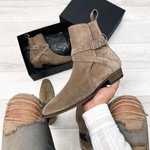 

Brown Men Buckle Pointed Toe Faux Suede Casual Classic Chukka Boots أحذية الرجال мужские сапоги Bottes Pour Hommes AQ507