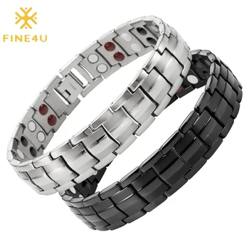 

FINE4U B389 Mens Titanium Magnetic Bracelets Arthritis Relief Pain Health Double Row 4 Elements Strong Magnets
