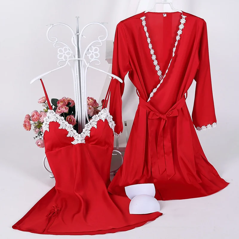 RED Perfering 2/шт, сексуальное женское белье, женская ночная рубашка, атласная ночная рубашка с рукавом, халат с поясом на талии, банный Халат - Цвет: RED