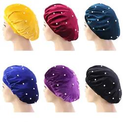 Бархатные эластичные широкополые ночные шапки женские зимние теплые шапки для химиотерапии с жемчугом Уход за волосами головные уборы
