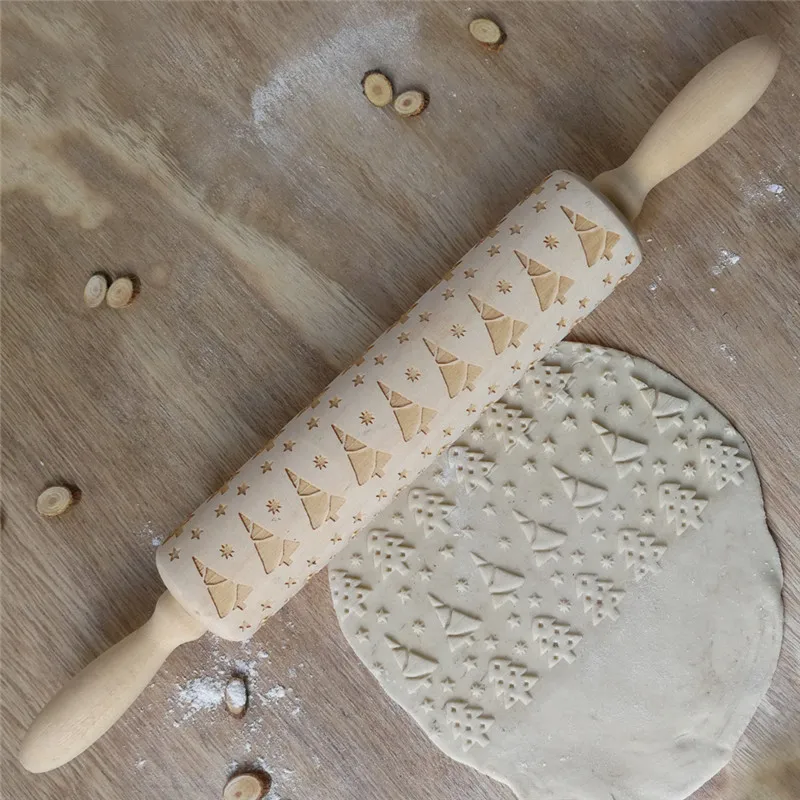 

Biscuit Cake Rolling Pins Engraved Roller 35cm*4.3cm Christmas Embossing Wooden Xmas Tree Snowflake Cookies Baking