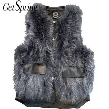 

Getspring Women Vest Coats Patchwork Fur Vest Jackets Color Matching Vintage Winter Pu Coat Women Fashion Fur Waistcoat 2020 New