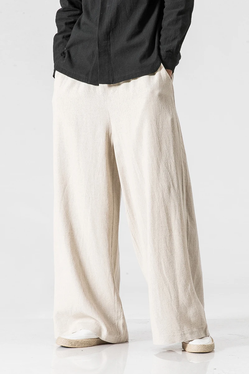 2023 Mens Cotton Linen Wide Leg Pants Summer Men Casual Solid Elastic Waist Straight Loose Trousers Male Black Track Pants M-5Xl 5