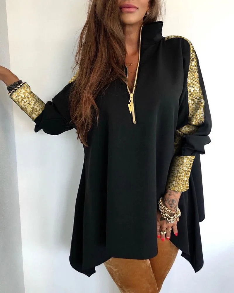 

Shiny Sequins Patchwork Long Sleeve Blouse Winter Autumn Zipper Design Top
