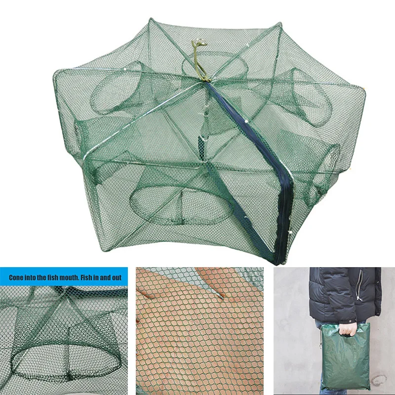 6 Holes Foldable Automatic Fishing Net Shrimp Cage Nylon Mesh Crab Fish Trap NEW