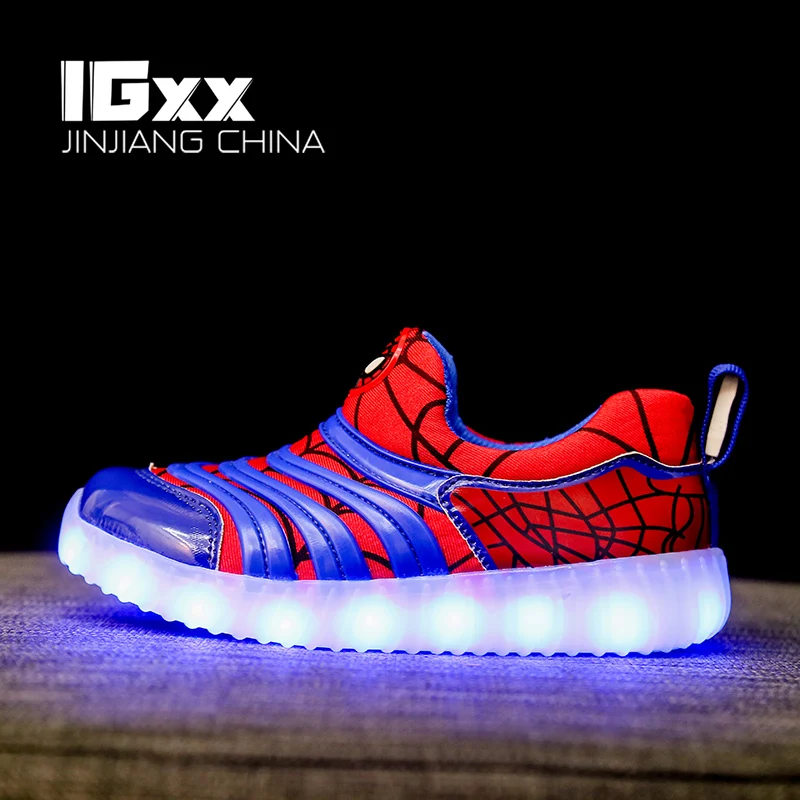 IGxx LED Light Up Shoes For Kids Men Spider USB Charging Glowing Slip-on Child Luminous Sport Sneakers Boys | Мать и ребенок