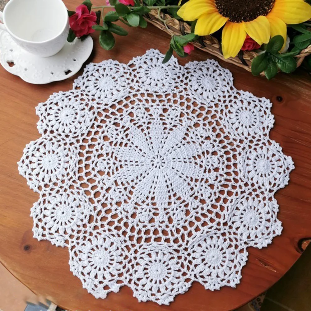 

Round Cotton Handmade Crochet Lace Table Mat Flower Coaster Table Mat Runner 35cm For Cups Drinks Cafe Table Decoration