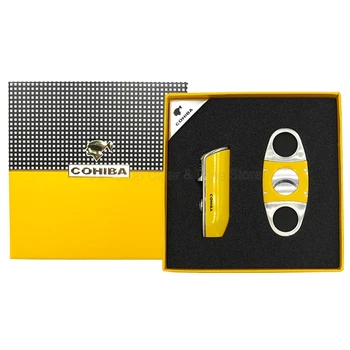 

COHIBA Gadgets Metal Yellow Cigar Cigarette Lighter 3 Torch Flame Cutter Guillotine Built-in Punch With Gift Box