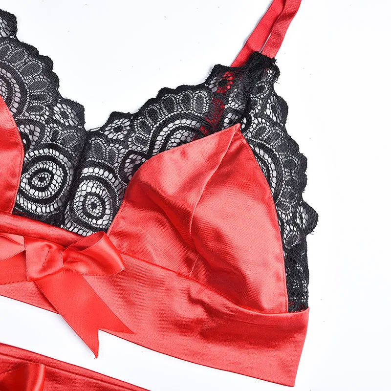 underwear sets sale Red Satin Bowknot Bra Set Women Lace Floral Nightwear Sexy Lingerie Set Seamless Push Up Bra Panties Set Sexy Crop Top Underwear underwear sets sale