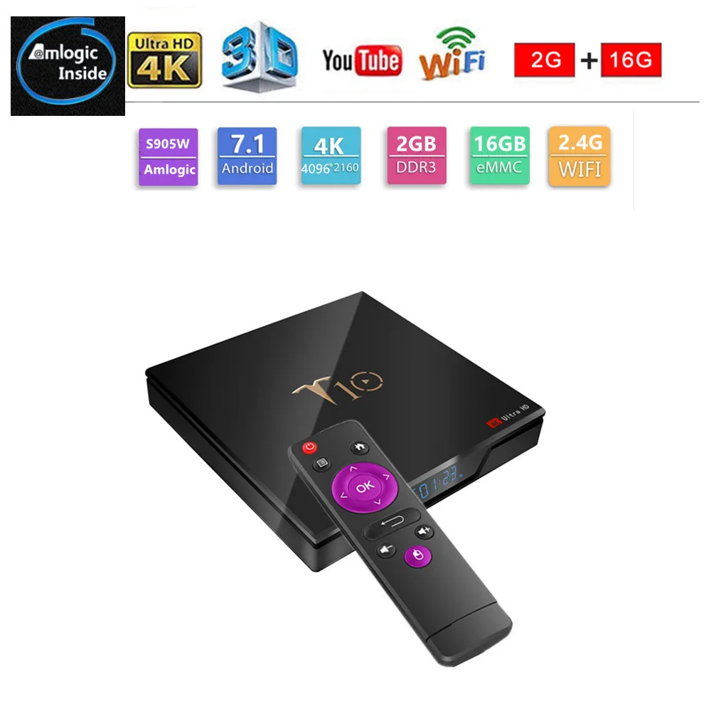 T10 ТВ-бокс Android 7,1 Amlogic S905W 2 Гб 16 Гб четырехъядерный медиаплеер 2,4G Wifi 4K HDR10 смарт-приставка