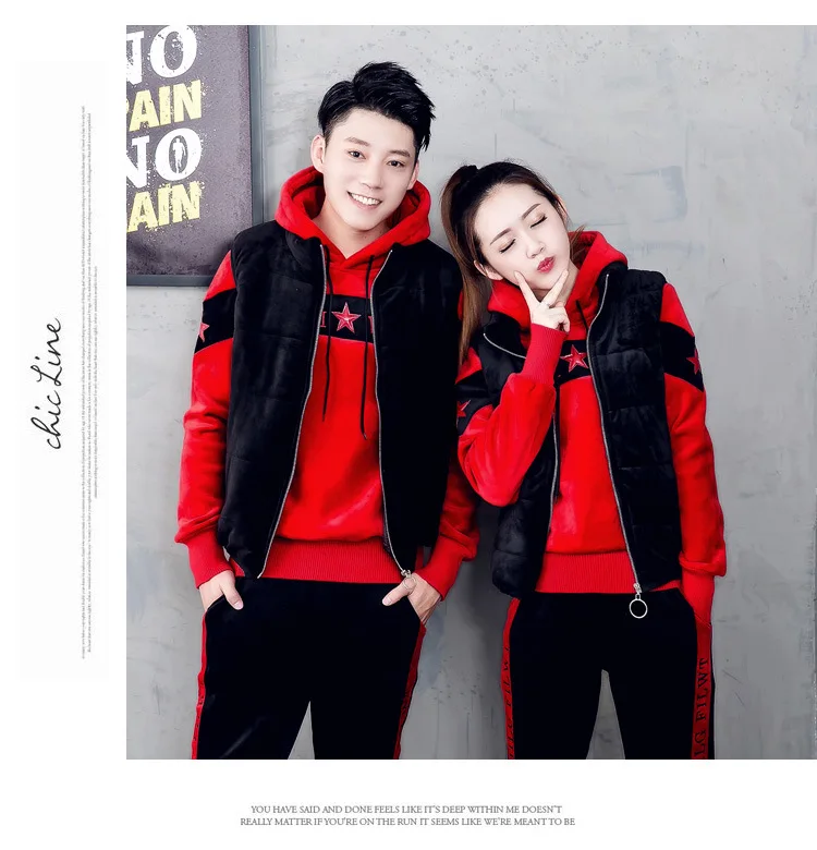 3pcs men red set Зимний женский спортивный костюм, зимнее плотное велюровое пальто с принтом, толстовка с капюшоном, свободные штаны, повседневный беговой костюм для бега, комплект спортивной одежды, спортивный костюм - Цвет: 3pcs men red set
