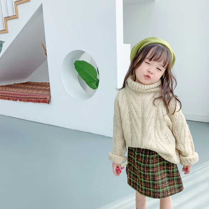 

2019 Autumn And Winter Girls High Collar Sweater Western Style Sweater Korean-style Girls High Collar Versitile Tops Solid Color