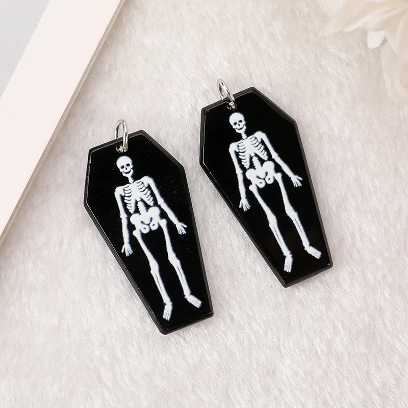 

12Pcs Skull Coffin Board Creepy Halloween Charms Acrylic Jewlery Findings For Earring Necklace Diy Making 45*24 MM