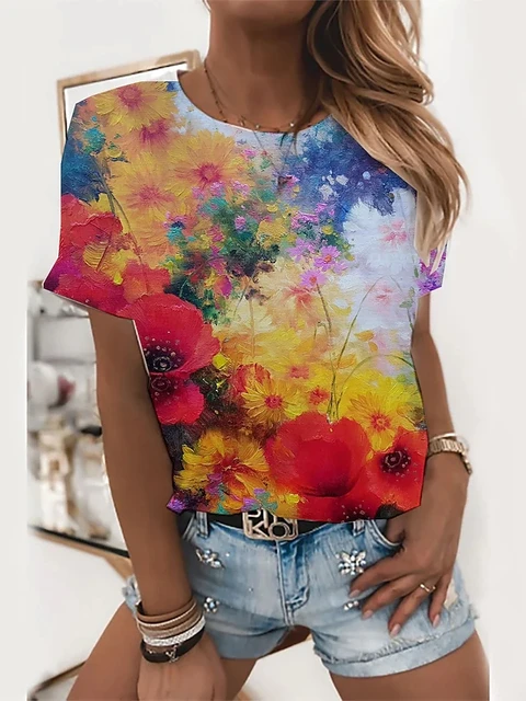 3D Sunflower Women's floral print T-shirts, round neck T-shirts and Floral print, women's T-shirts HUAD-A10