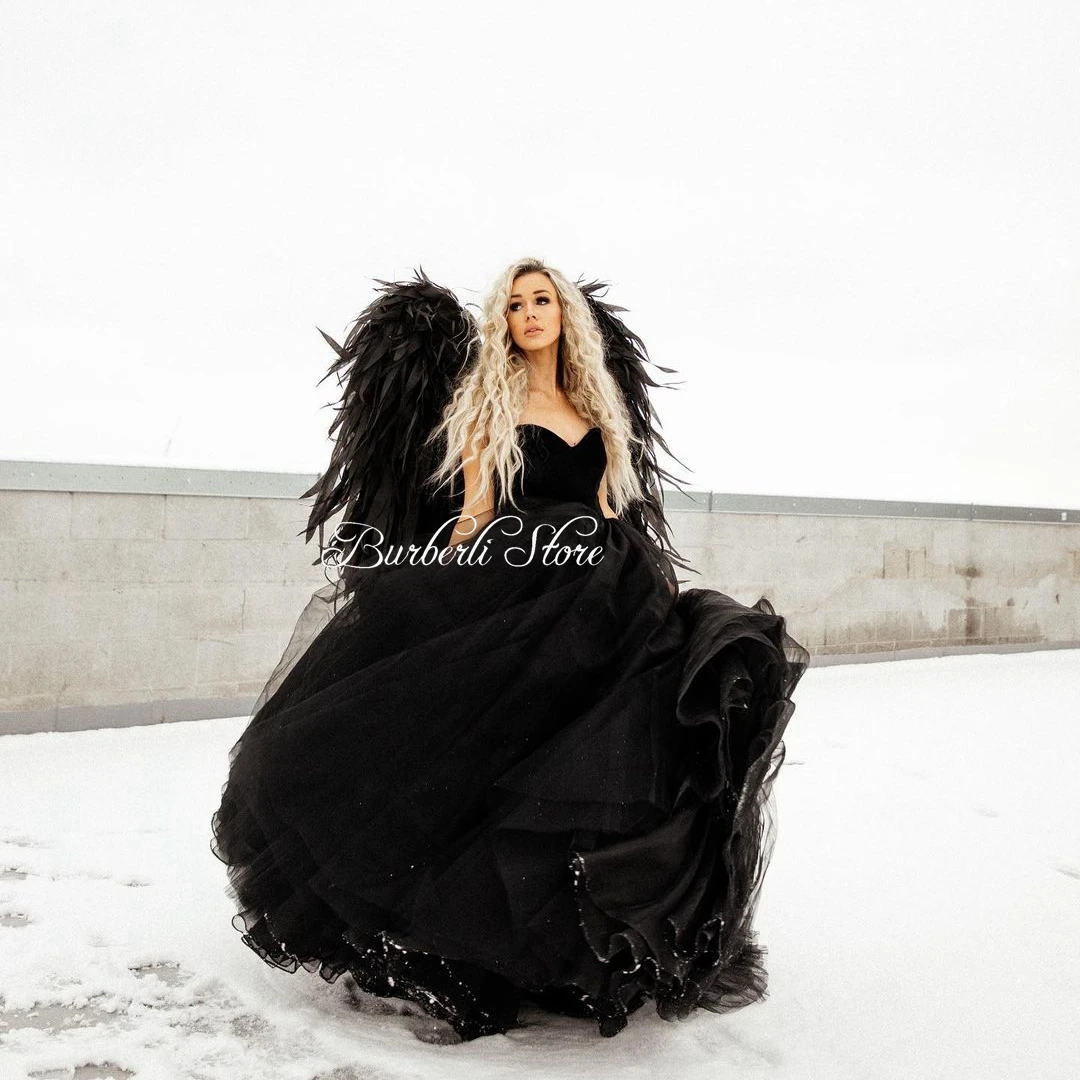 

Pretty Strapless Black Tulle Princess Dress To Party Night Puffy Mesh Women Summer Prom Gowns Sleeveless Formal Event Dress