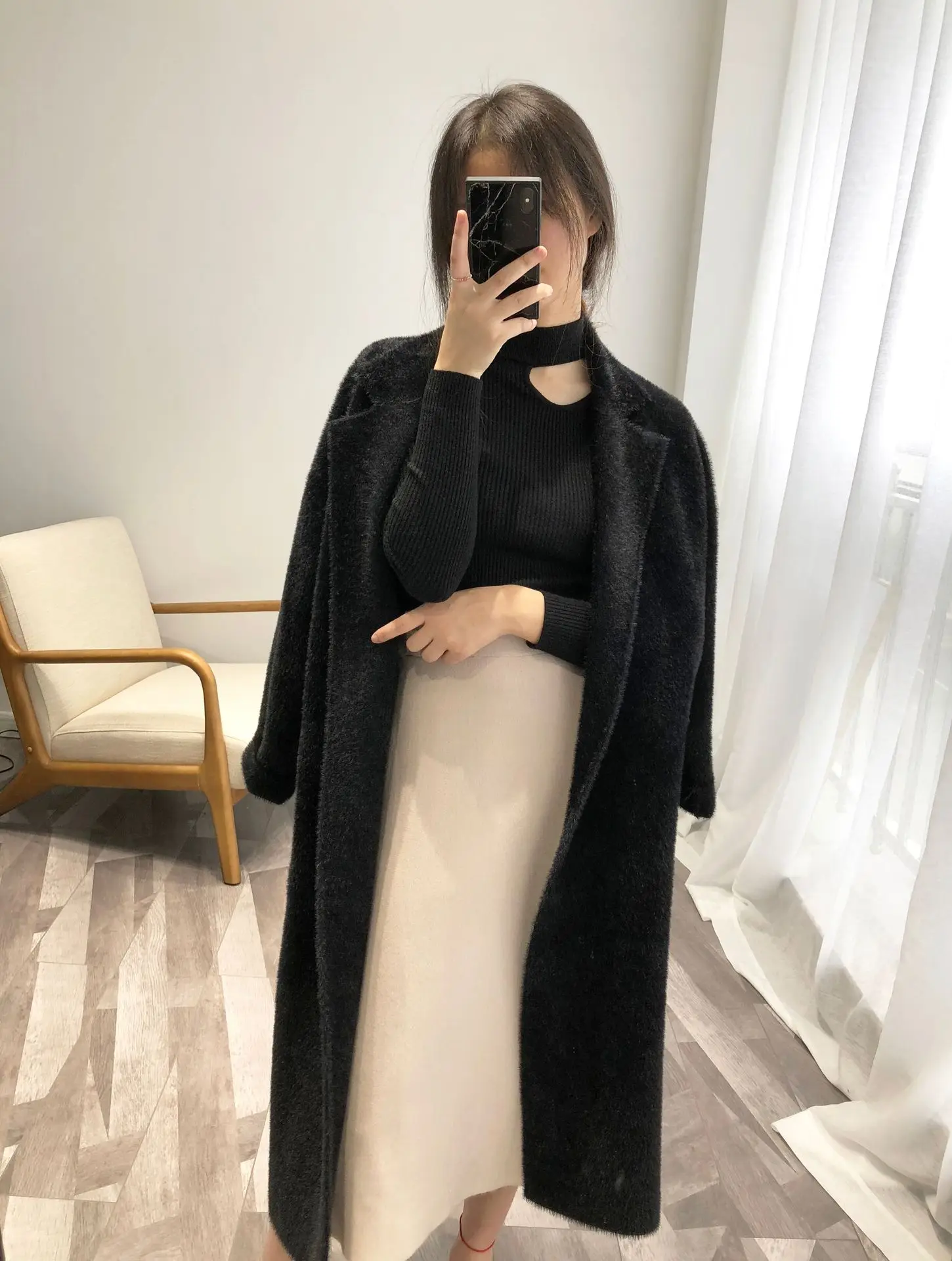 New Imitation Mink Velvet Long Sleeve Suit Collar Minimalist Style Coat Adjustable Waist