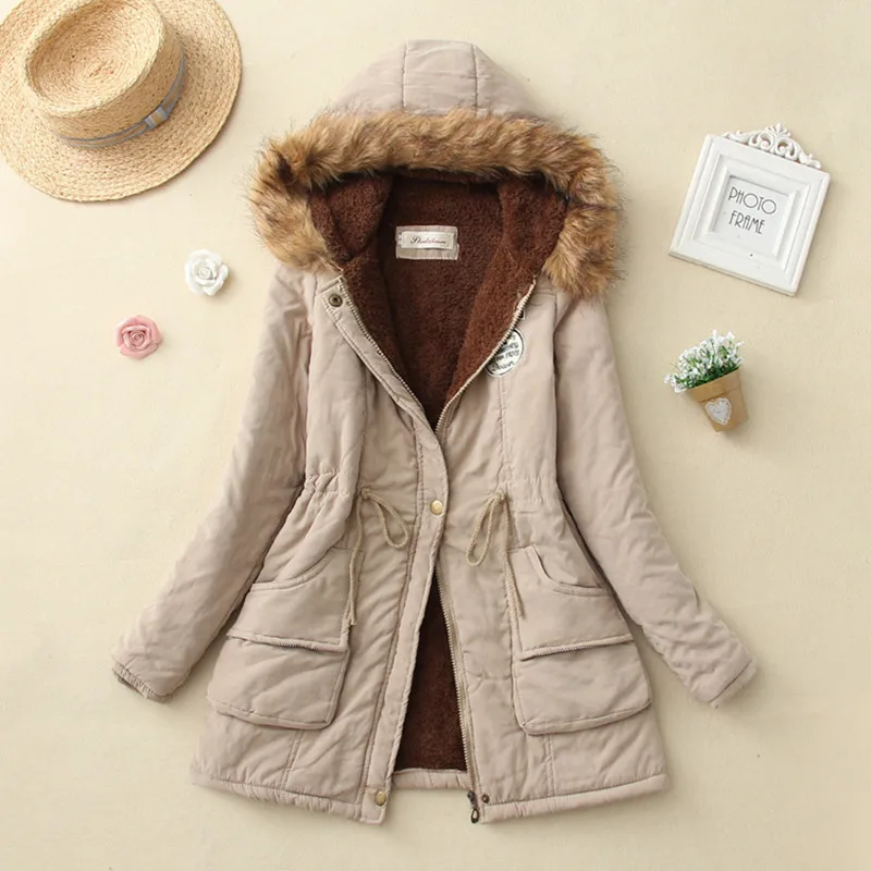 Женское зимнее теплое пальто, женская осенняя хлопковая Меховая куртка с капюшоном размера плюс, верхняя одежда, тонкая Длинная женская куртка - Цвет: Хаки