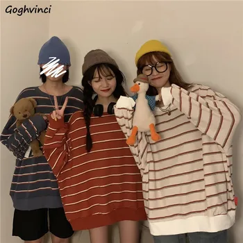 

Hoodies Women Striped O-Neck Sweet Loose 2XL Daily School Harajuku Womens Sweatshirts Kpop Simple Fashion Chic Casual Korean New