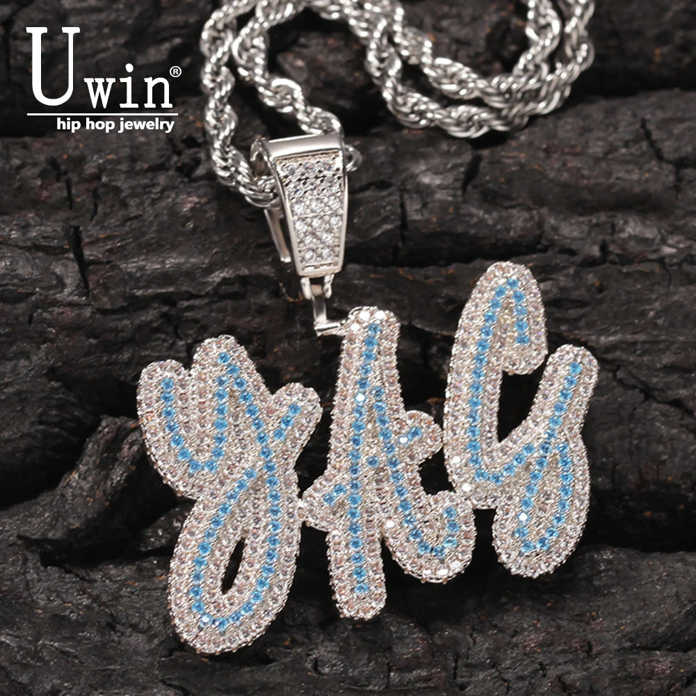 

Uwin Name Necklace Double Layer Brush Bule Custom Letters Pendant Iced Out Letters Pendant Personalised Gift Drop Shipping